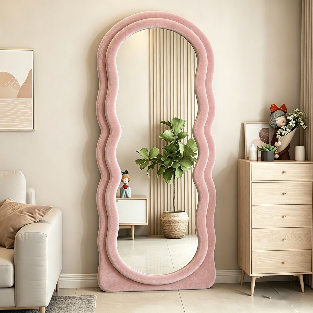 Double Wavy Full Length Mirror Blush Pink Velvet 70�170cm Fluffy Squiggle Floor Mirror for Home Decor
