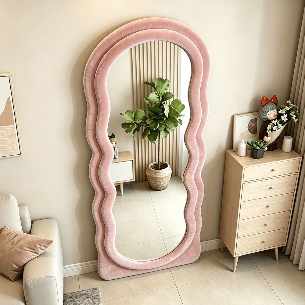 Double Wavy Full Length Mirror Blush Pink Velvet 70�170cm Fluffy Squiggle Floor Mirror for Home Decor
