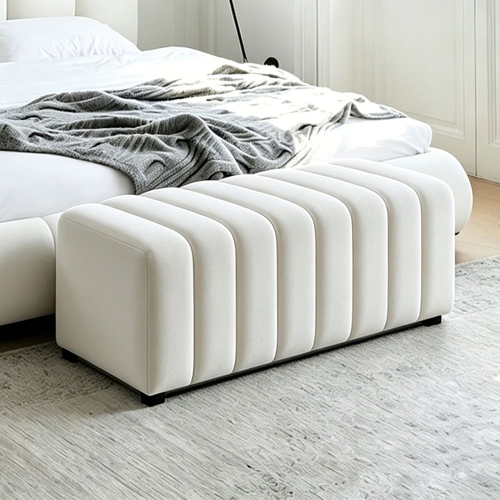 White Velvet Ottoman Bench,Vertical Stitch Upholstered Bench,Minimalist Bed End Bench,140cm