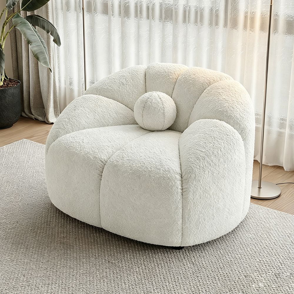 Maple Home Accent Chair Boucle Fabric,Single Chair,1-Seater Sofa,With 1 Ball Pillow, White