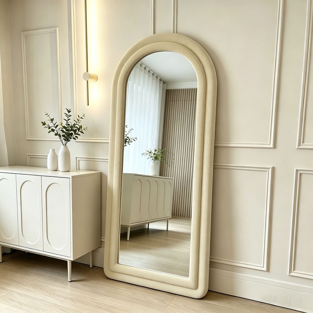 MapleHoome Full-Length Mirror,Boucle Fabric,Floor Mirror,Lean-to-Wall Standing Mirror,80*180,Beige