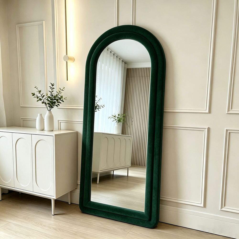 MapleHoome Full-Length Mirror,Boucle Fabric,Floor Mirror,Lean-to-Wall Standing Mirror,80*180,Dark Emerald Green