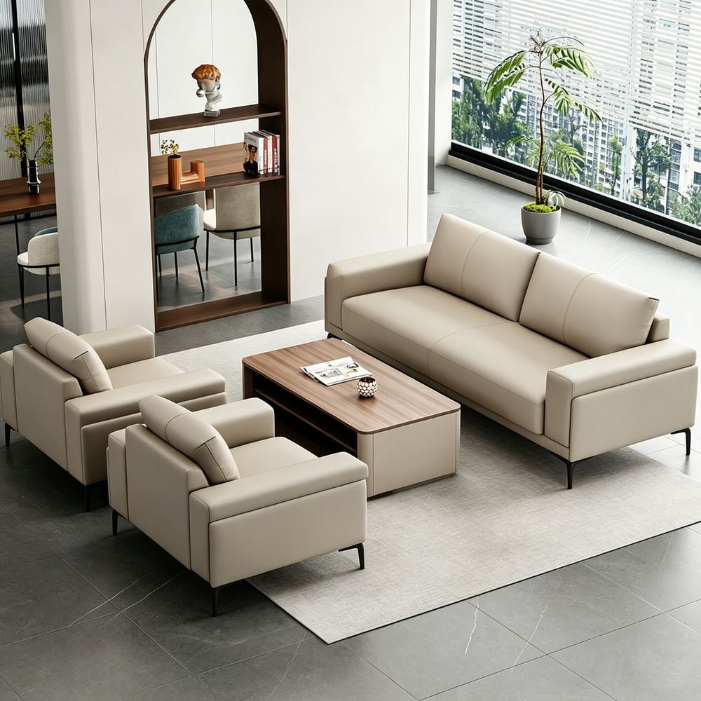 Maple Home Beige Faux Leather 3-Seater Office Sofa,200×85×80cm,3-Seaters of Sofa Set,Large Reception Lounge Sofa