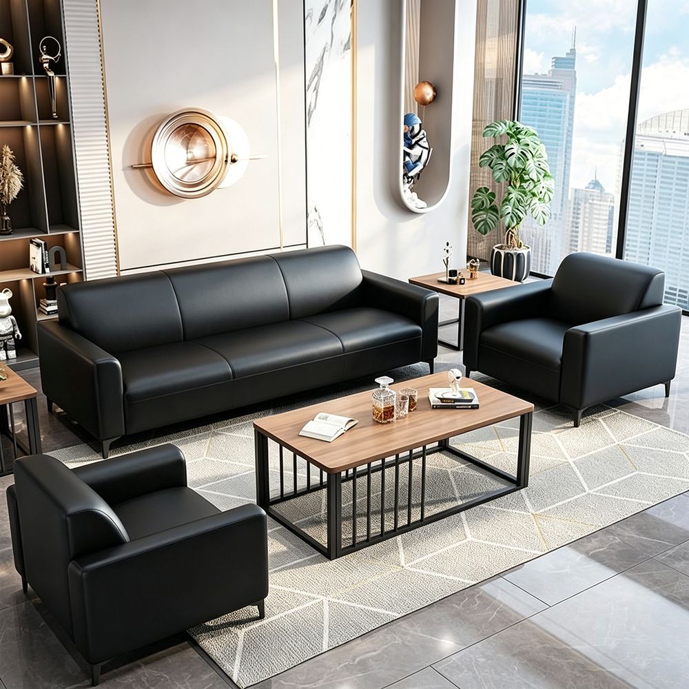 Maple Home Office Sofa,2 Seater Single Arm Chair of Sofa Set,Smooth Black PU Leather Single Sofa,150×72×74cm,