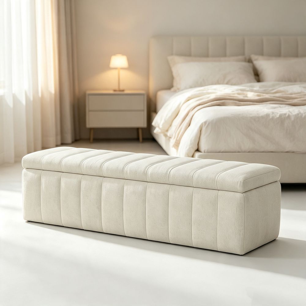 MAPLEHOME 140cm Velvet Storage Ottoman Bench Ivory White