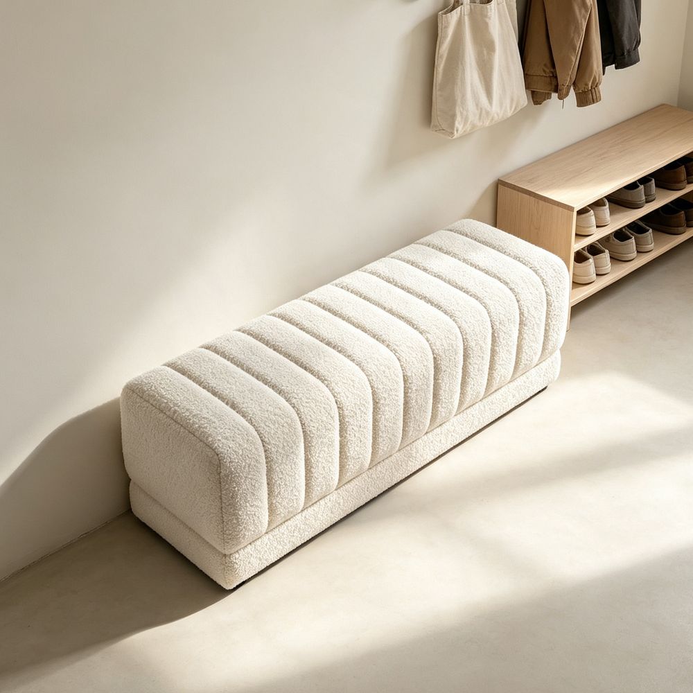 MAPLEHOME 120cm Boucle Ottoman Bench Off-white