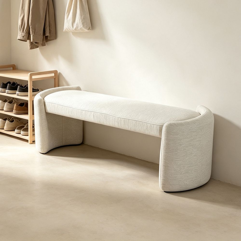MAPLEHOME 80cm Fabric Curved Arm Ottoman Bench Off-white