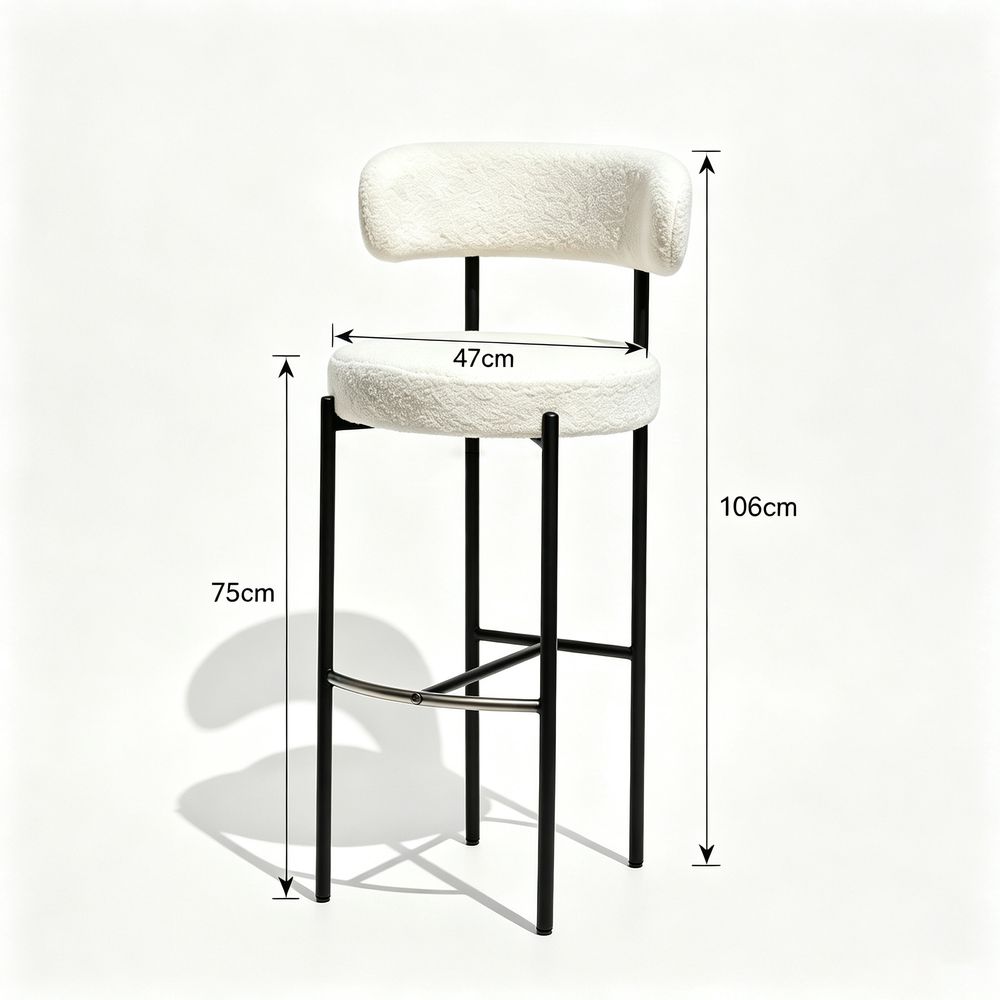 MAPLEHOME Boucle Bar Stool Off White with Black Metal Legs Kitchen Bar Chair
