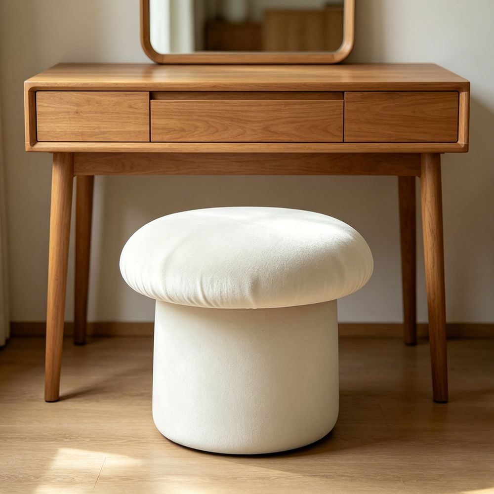 MAPLEHOME Velvet Mushroom Ottoman Stool Off White Living Room
