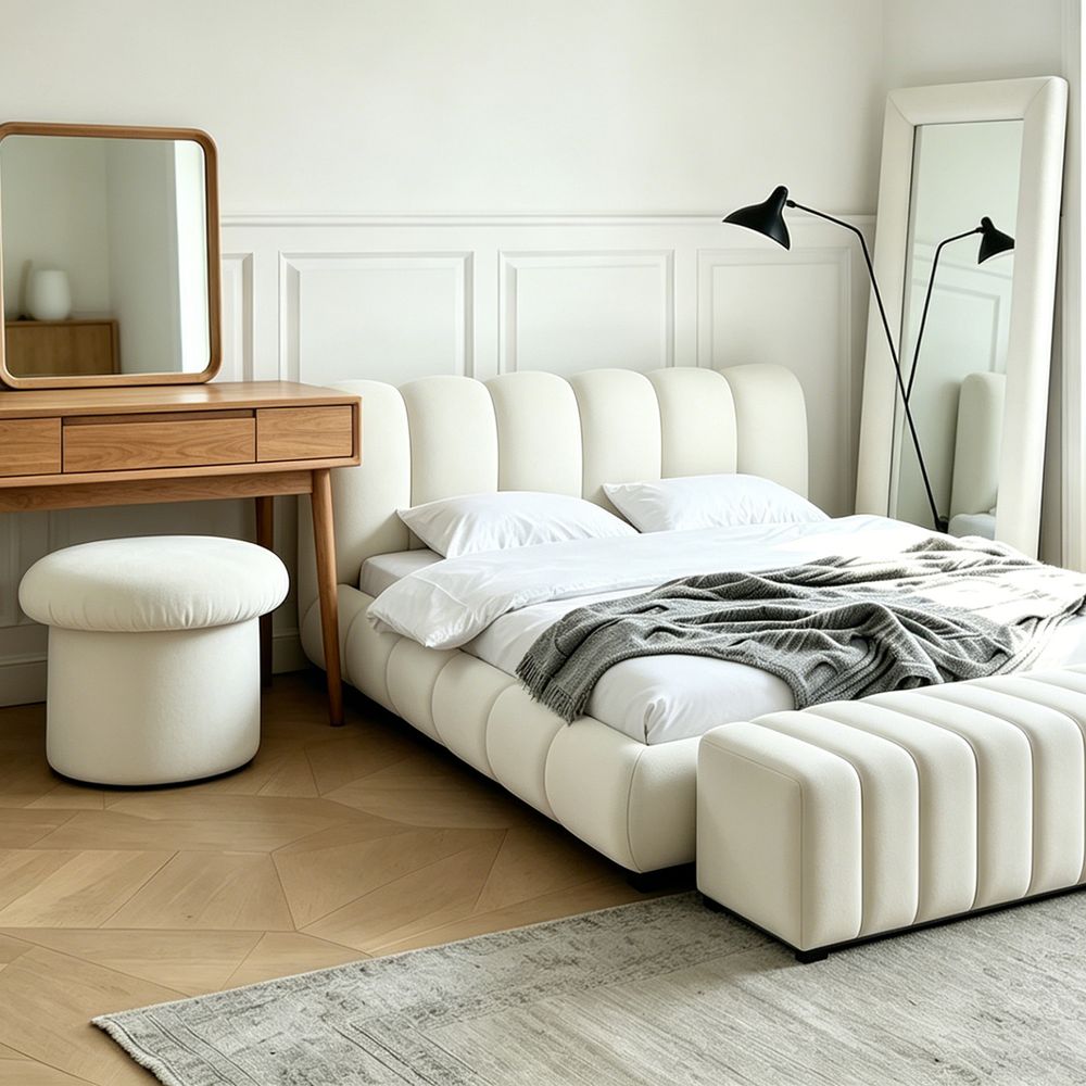MAPLEHOME Velvet Mushroom Ottoman Stool Off White Living Room