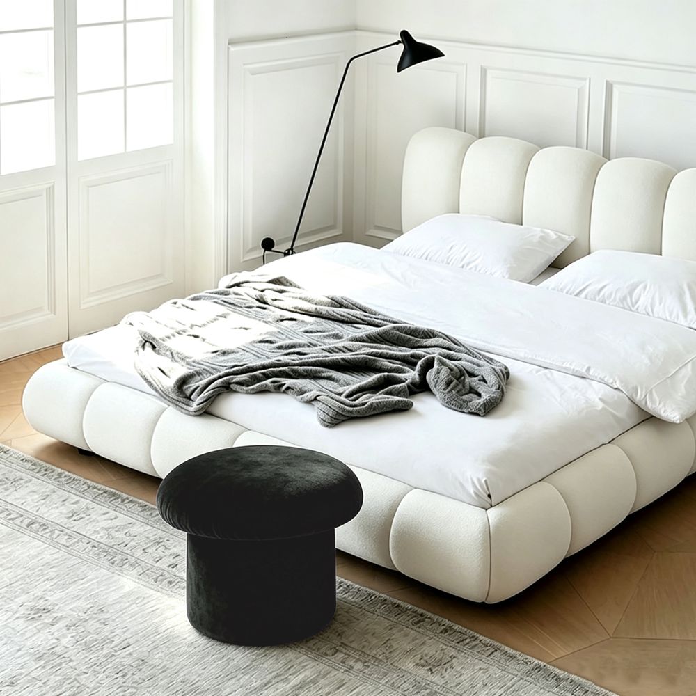 MAPLEHOME Velvet Mushroom Ottoman Stool Black Living Room