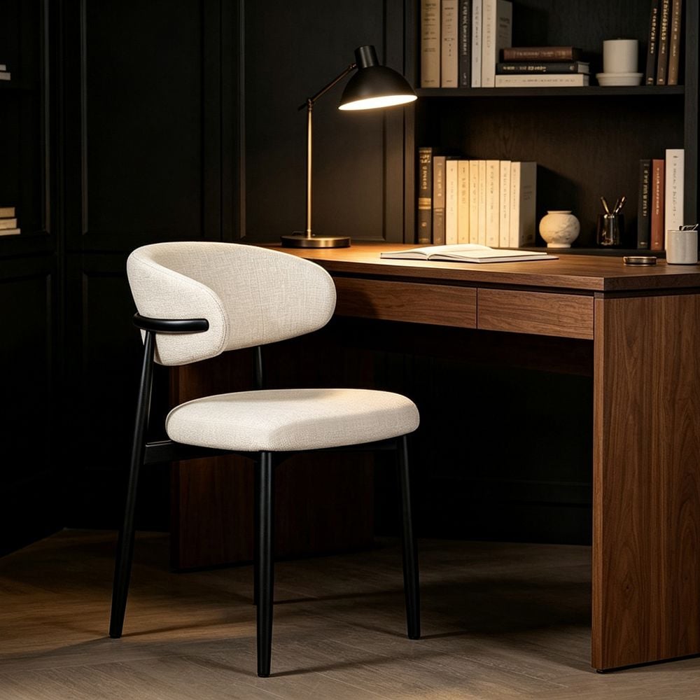 MAPLEHOME Linen Fabric Dining Chair Beige with Black Metal Legs Dining Room