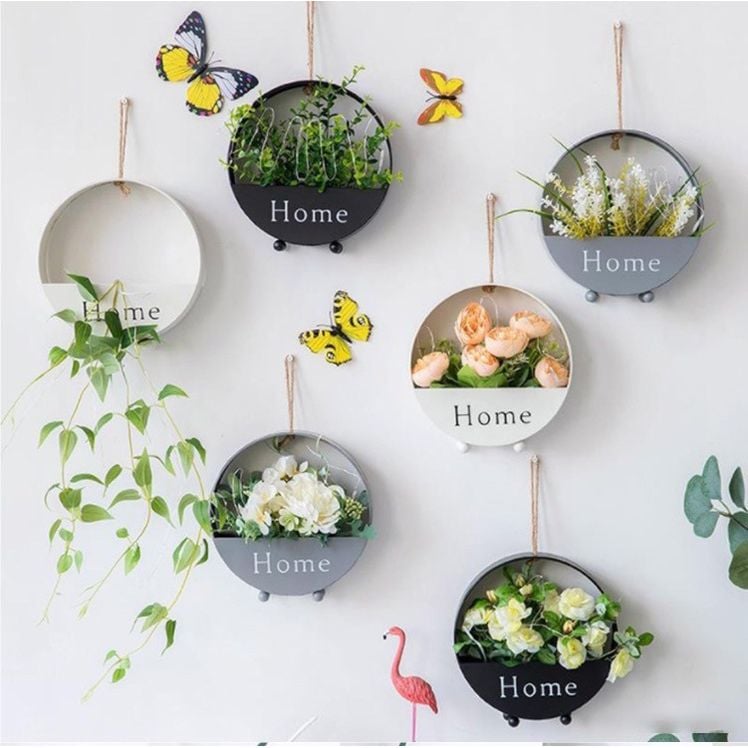   Round Wall Hanging Living Room Decoration Storage for Flower Hanging with Wrought Iron for Indoor and Outdoor Décor (20x6CM)
