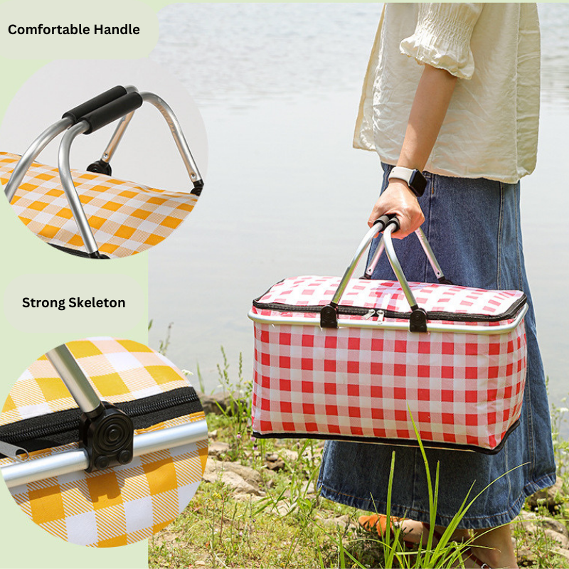 Foldable Multifunction Picnic Storage Basket with Aluminum Handles for Shopping, Travel, Camping (47×27×22CM)
