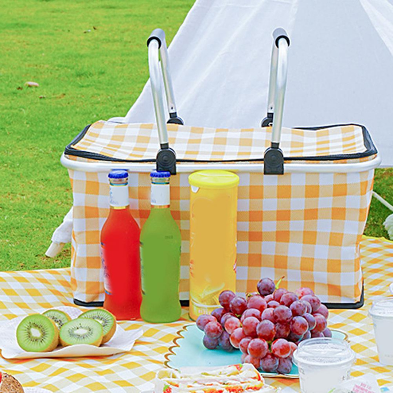 Foldable Multifunction Picnic Storage Basket with Aluminum Handles for Shopping, Travel, Camping (47×27×22CM).