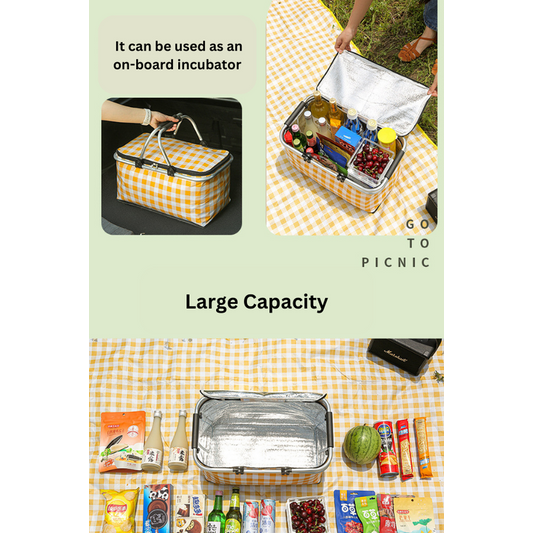 Foldable Multifunction Picnic Storage Basket with Aluminum Handles for Shopping, Travel, Camping (47×27×22CM).