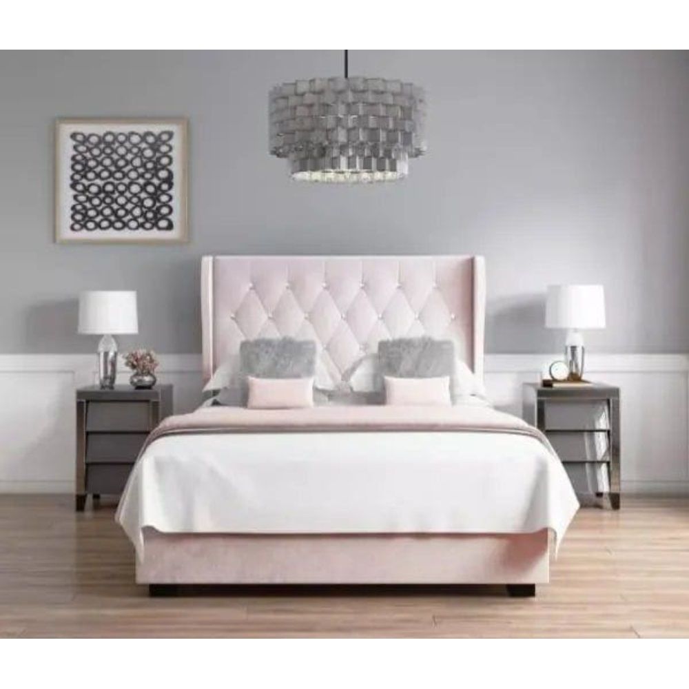 R2R Safina Wing Back Double Ottoman Bed in Light Pink Velvet With Mattress Super King Size : 200X200