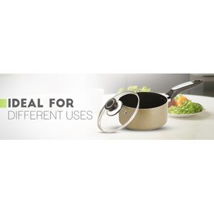 Royalford RF2962 Non-Stick Enamel Aluminium Saucepan | 20cm | with Glass Lid | Portable Cool Touch Handle with Hanging Loop | Induction & Dishwasher Safe|Healthy Cooking | Ideal for Home Hotel & More