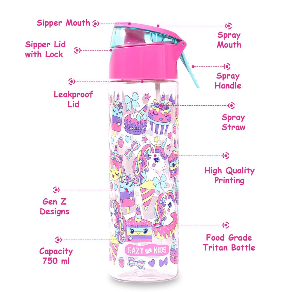 Eazy Kids Tritan Water Bottle w / Spray, Unicorn Desert - Pink, 750ml