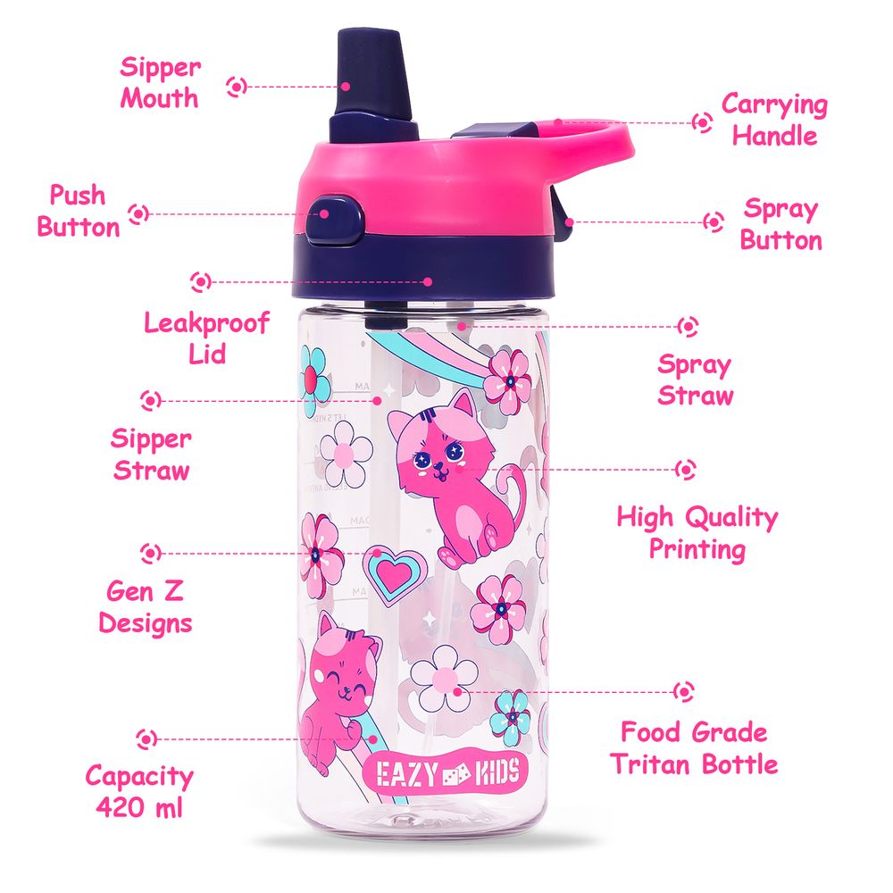 Eazy Kids Tritan Water Bottle w / Spray, Cat - Pink, 420ml