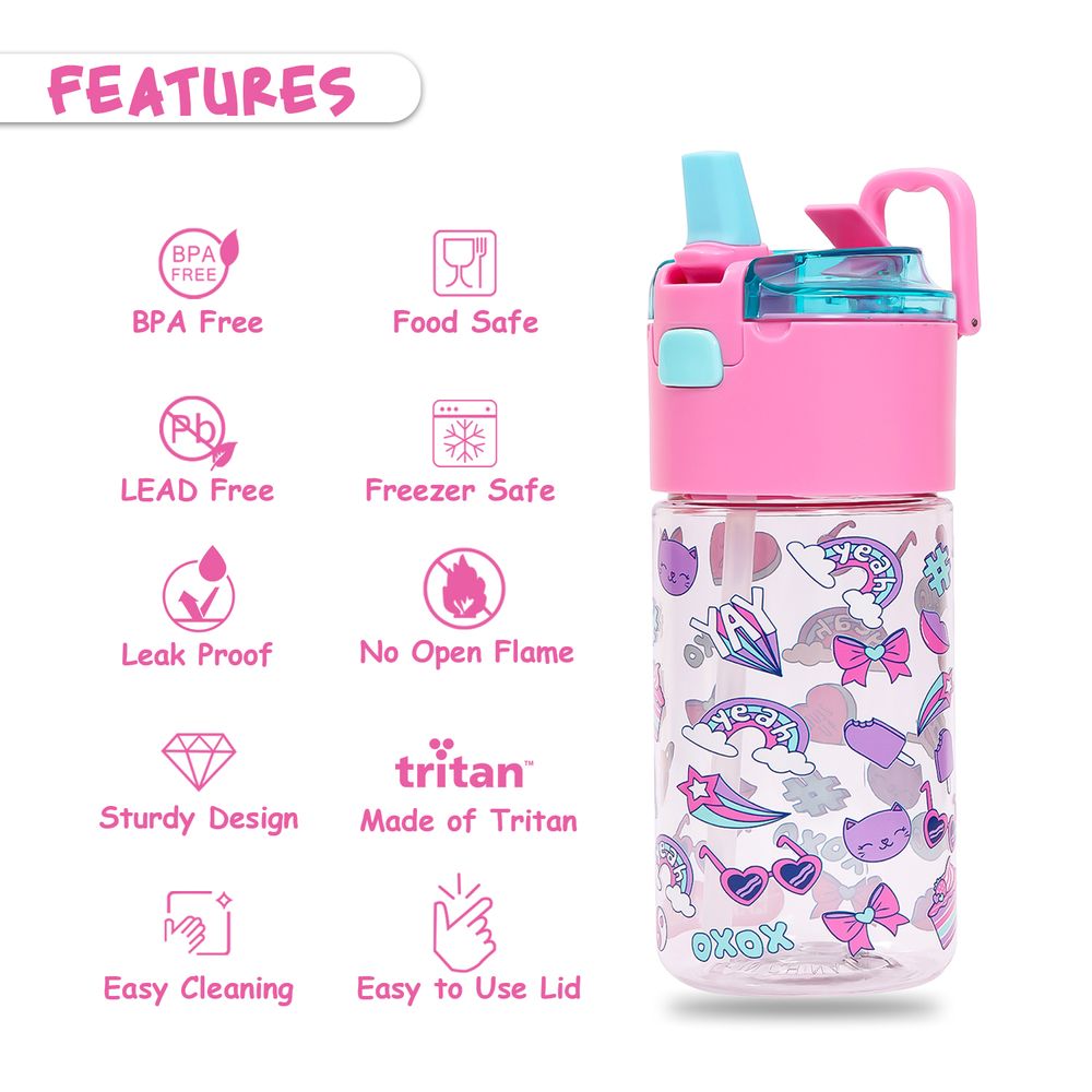 Eazy Kids Tritan Water Bottle w / Lockable Push button and Carry Handle, Tropical - Purple, 420ml