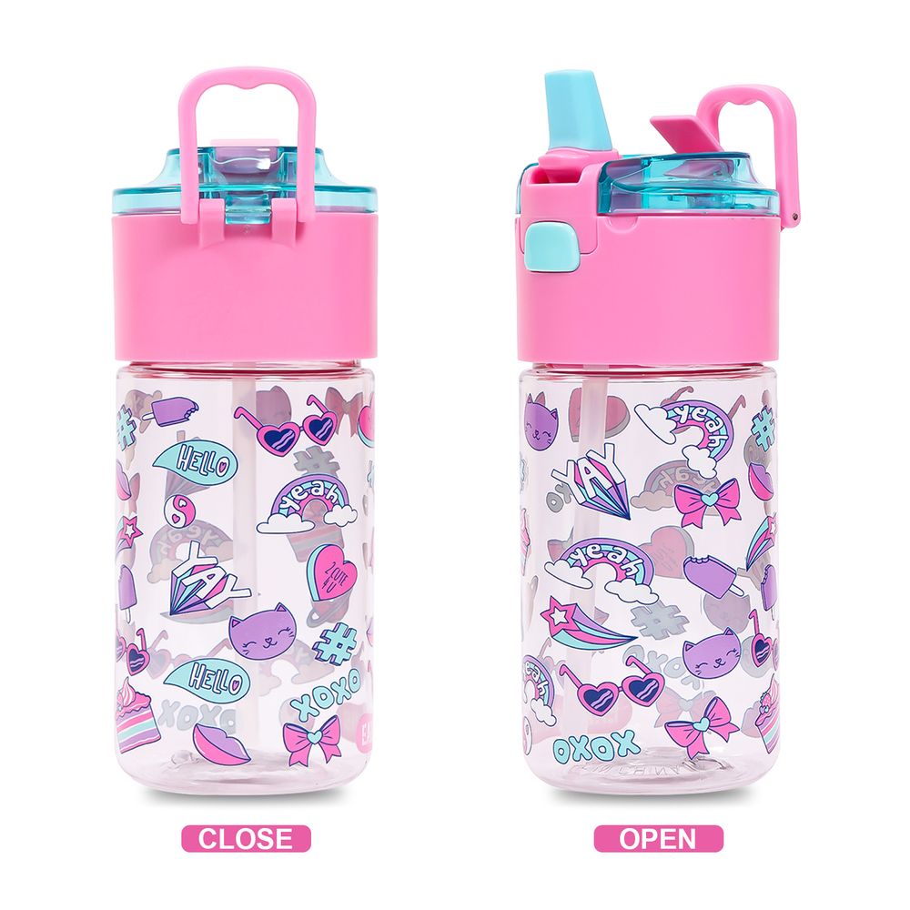 Eazy Kids Tritan Water Bottle w / Lockable Push button and Carry Handle, Tropical - Purple, 420ml