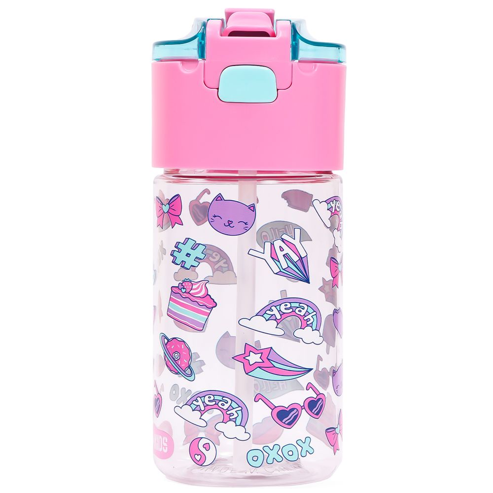 Eazy Kids Tritan Water Bottle w / Lockable Push button and Carry Handle, Tropical - Purple, 420ml