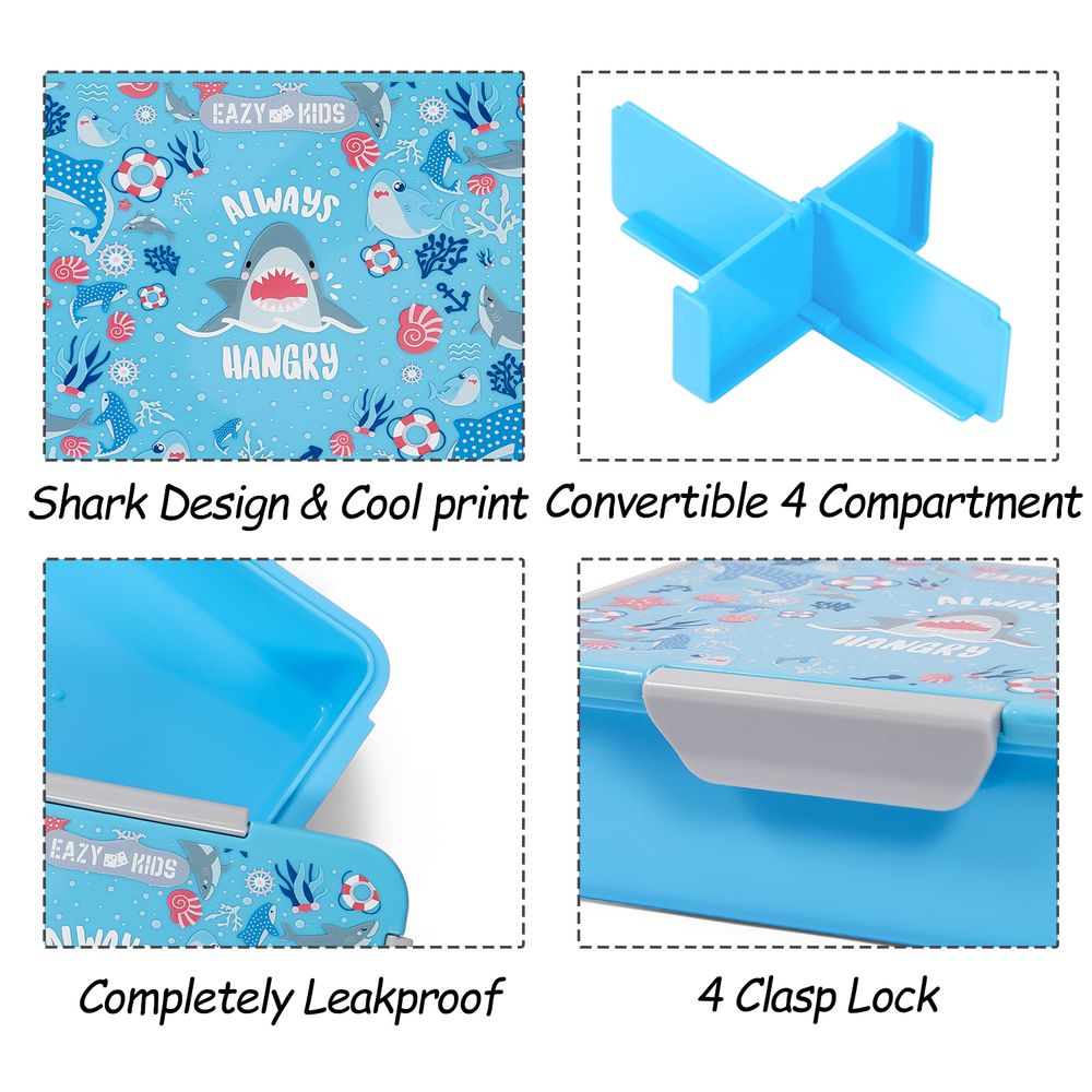 Eazy Kids 1 / 2 / 3 / 4 Compartment Convertible Bento Lunch Box Shark - Blue 850ml