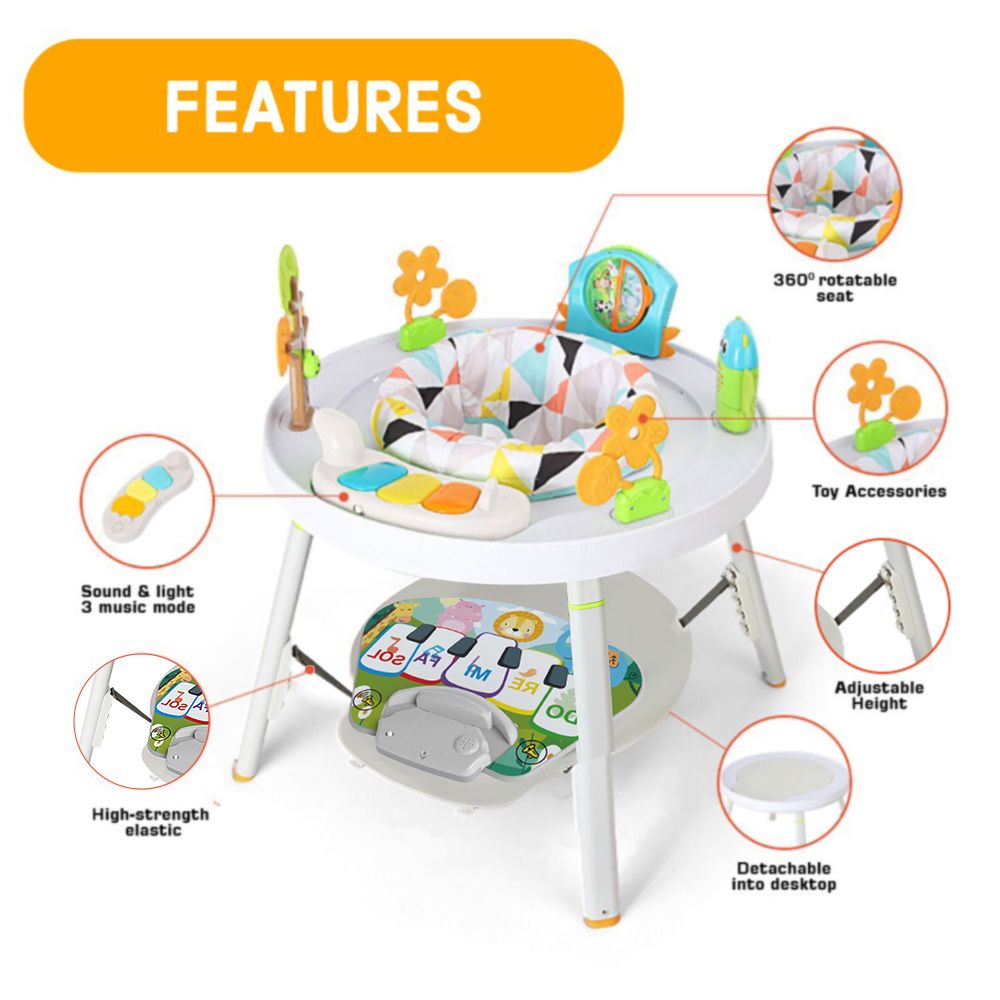 Teknum 4 - IN - 1 Activity Jumper / Feeding Chair / Drawing Table / Playing Station w / Musical Mat, Detachable Toys & Musical Piano - White