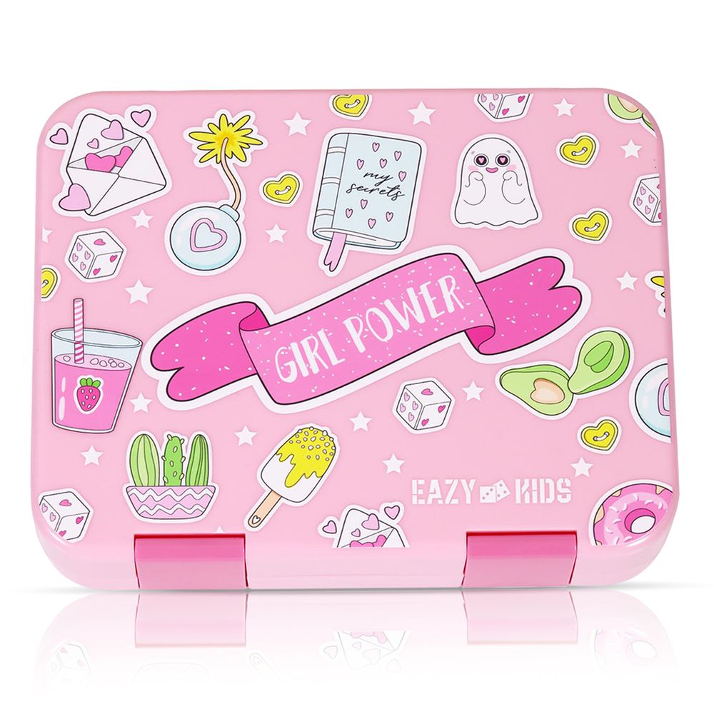 Eazy Kids 5 & 4 Convertible Bento Lunch Box with Stainless Steel 640ml Water Bottle and Sandwich Cutter Set - Girl Power Pink