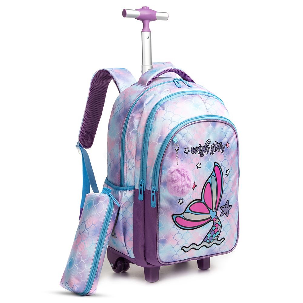 Eazy Kids 18Inch Set of 4 Trolley School Bag with Bento Lunch Box, Lunch Bag and Pencil Case - Mermaid Purple