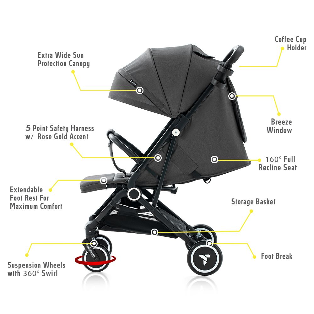 TEKNUM Travel Cabin Stroller with Coffee Cup Holder - Slate Grey