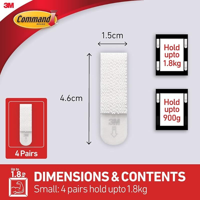 Command Picture Hanging Strips, Small, Holds 1.8 Kg, 4 Pairs/Pack - White