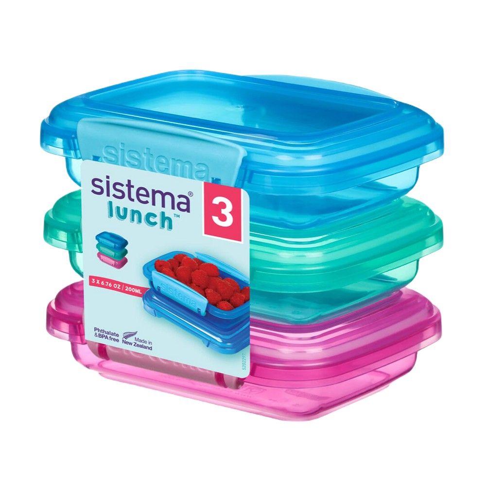 Sistema Lunch Food Storage Containers With Contrasting Clips, Green/Pink/Blue, 200 ml, Pack Of 3