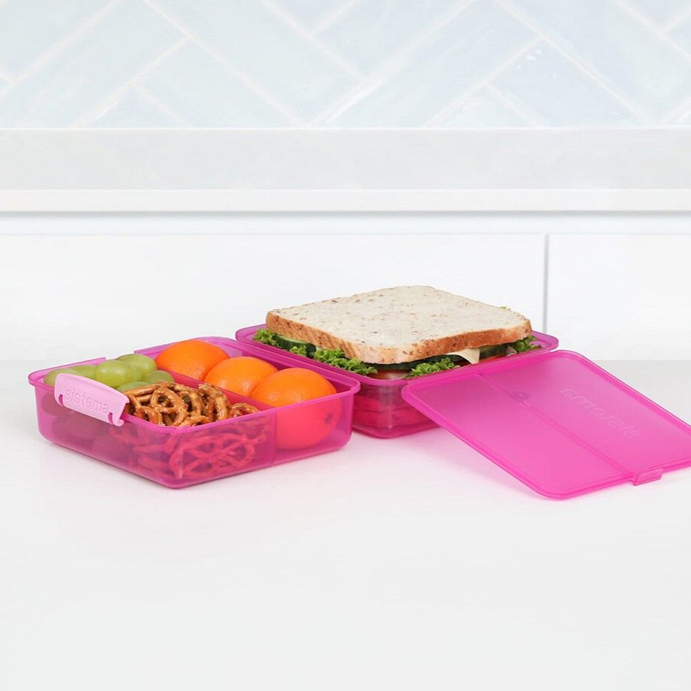 Sistema Lunch Cube Coloured 1.4L Two level Food Storage Box with multiple compartments and easy locking clips. Is Microwave & Dishwasher Safe and BPA Free, Pink