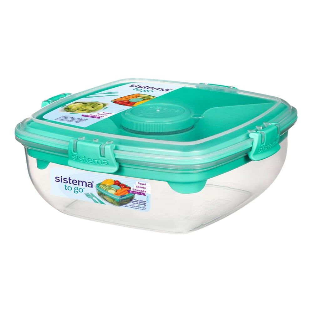 Sistema Salad To Go 1.1L ,Stackable & portable salad storage box, cutlery included & divided trays with easy locking clips. Its Microwave, Dishwasher Safe & BPA Free. Green Clip