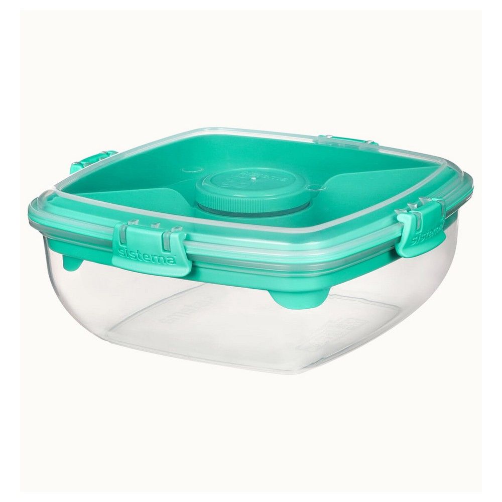سيستيما سالاد تو جو 1.1 لتر، صندوق تخزين سلطة قابل للتكديس ومحمول، أدوات مائدة متضمنة وصواني مقسمة مع مشابك سهلة القفل. آمن للاستخدام في الميكروويف وغسالة الأطباق وخالي من مادة BPA. كليب أخضر