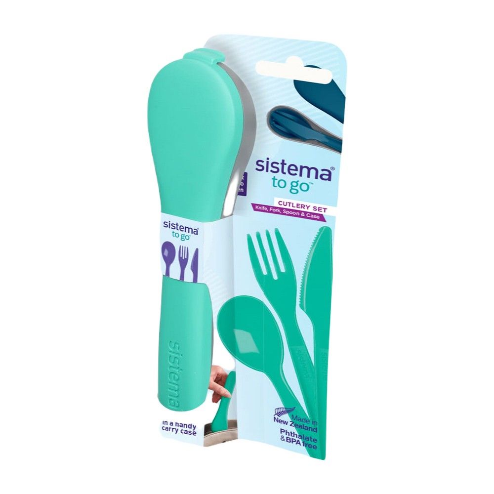 Sistema Cutlery Set to Go, consist of a full sized knife, Fork, spoon and a portable case. It is dishwasher, Freezer safe and BPA Free, Teal
