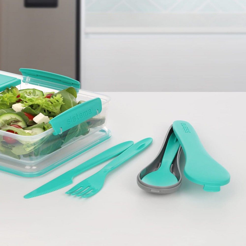 Sistema Cutlery Set to Go, consist of a full sized knife, Fork, spoon and a portable case. It is dishwasher, Freezer safe and BPA Free, Teal