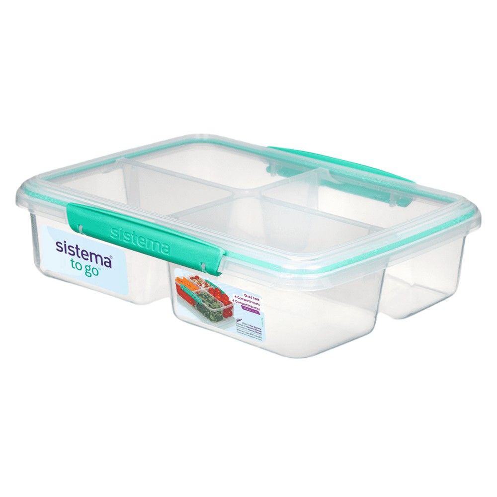 Sistema Quad Split To Go 1.74L with Green Clip, comes with stackable 4 compartments food storage design. Is microwave, dishwasher safe and Phthlate & BPA Free.  