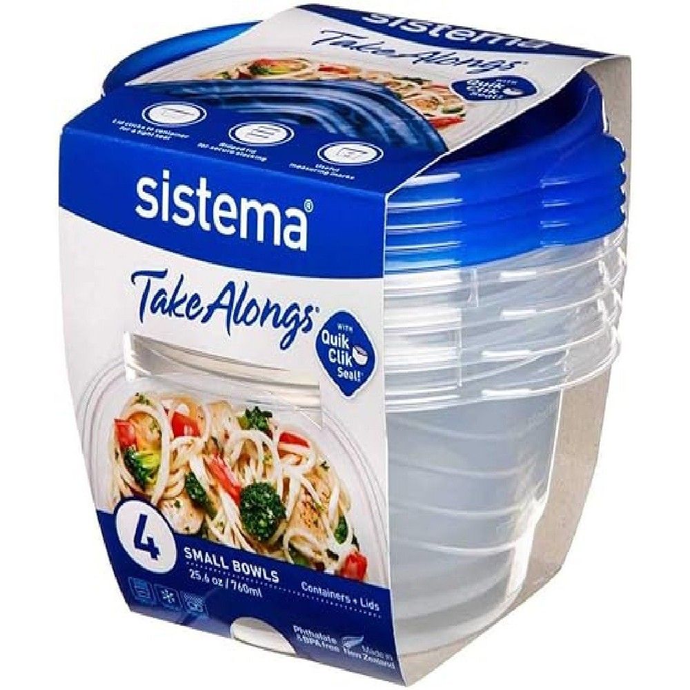 Sistema Takealongs Small Bowl food storage containers,clear with blue lid, Pack of 4, 760ML, Easy Clean, Microwave, dishwasher safe and BPA Free. 