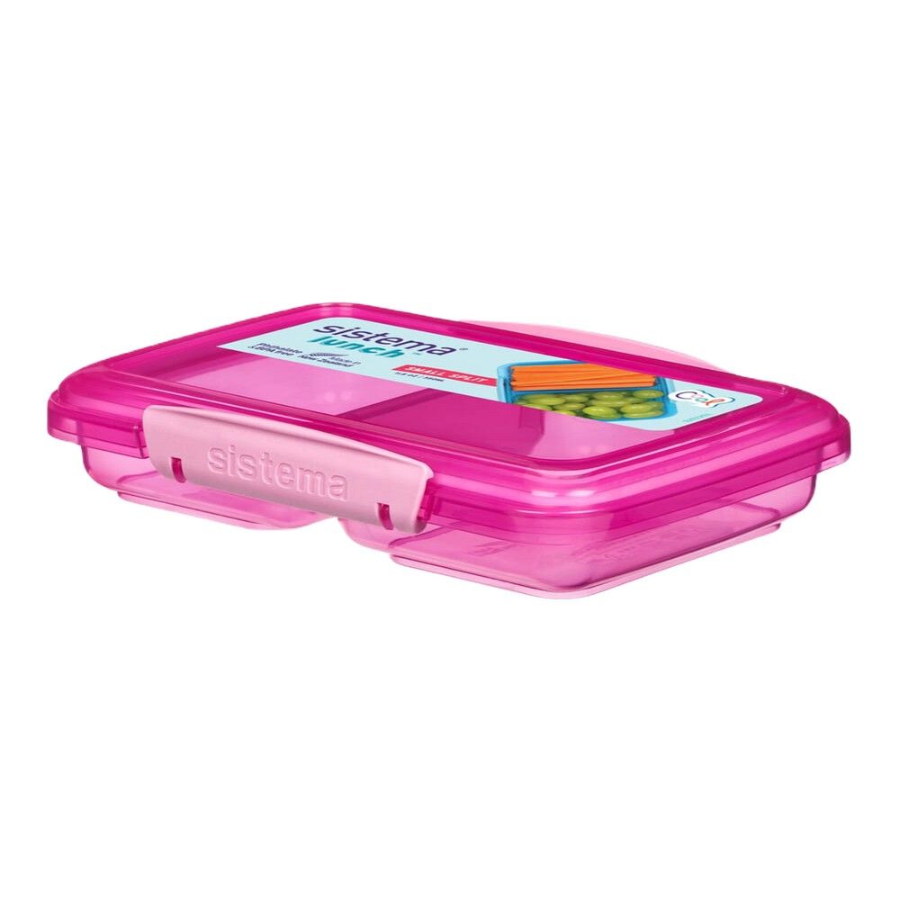Sistema Small Split Lunch box 350ML comes with 2 stackable compartments & easy locking clips + flexible seals. Its microwave & dishwasher safe and BPA Free. Pink