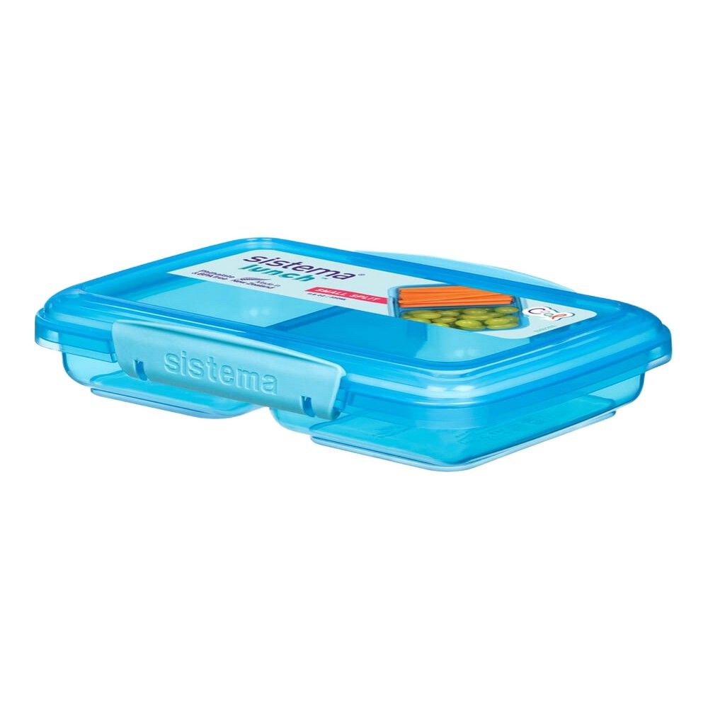 يأتي صندوق الغداء الصغير المقسم من سيستيما بسعة 350 مل مع مقصورتين قابلتين للتكديس ومشابك سهلة القفل + أختام مرنة. آمن للاستخدام في الميكروويف وغسالة الأطباق وخالي من مادة BPA. أزرق