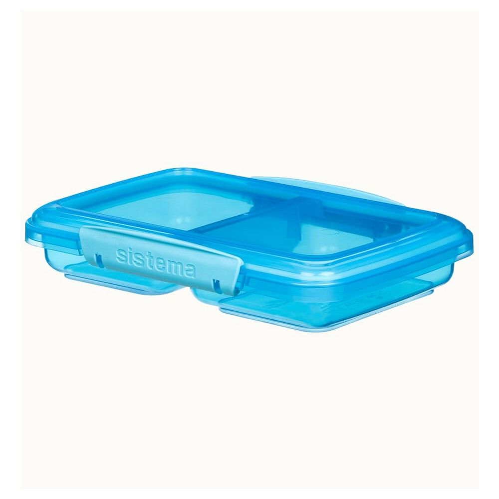 Sistema Small Split Lunch box 350ML comes with 2 stackable compartments & easy locking clips + flexible seals. Its microwave & dishwasher safe and BPA Free. Blue