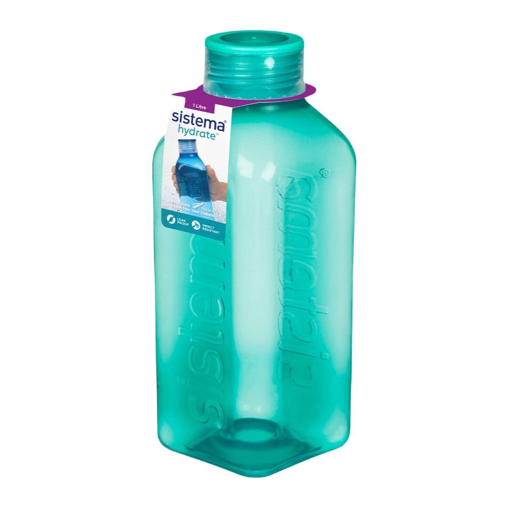 Sistema 1 Liter Square Bottle, best for work, schools and on the go, Leak Proof, easy grip square shape. Is impact resistant, Dishwasher safe & Phthlate & BPA Free, Green