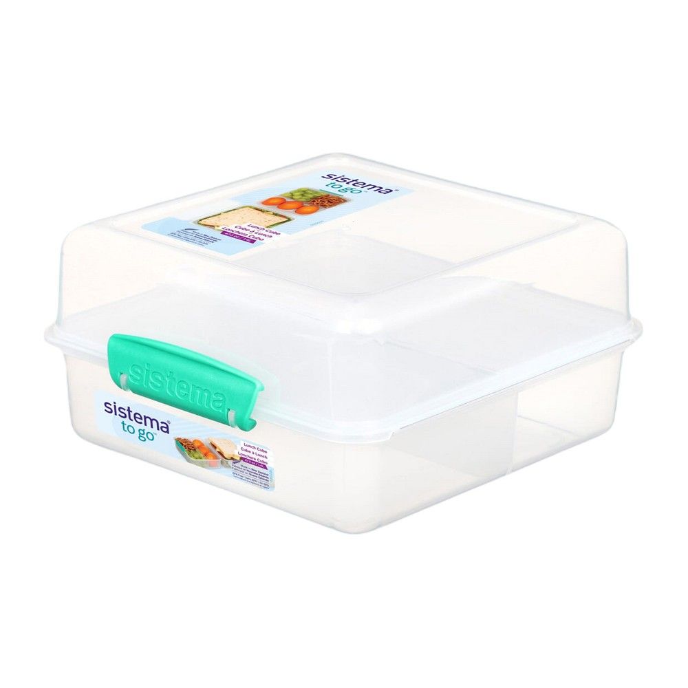 Sistema Lunch Cube 1.4L Two level Food Storage Box with multiple compartments and easy locking clips. Is Microwave & Dishwasher Safe and BPA Free, Clear with ocean Blue Lid.