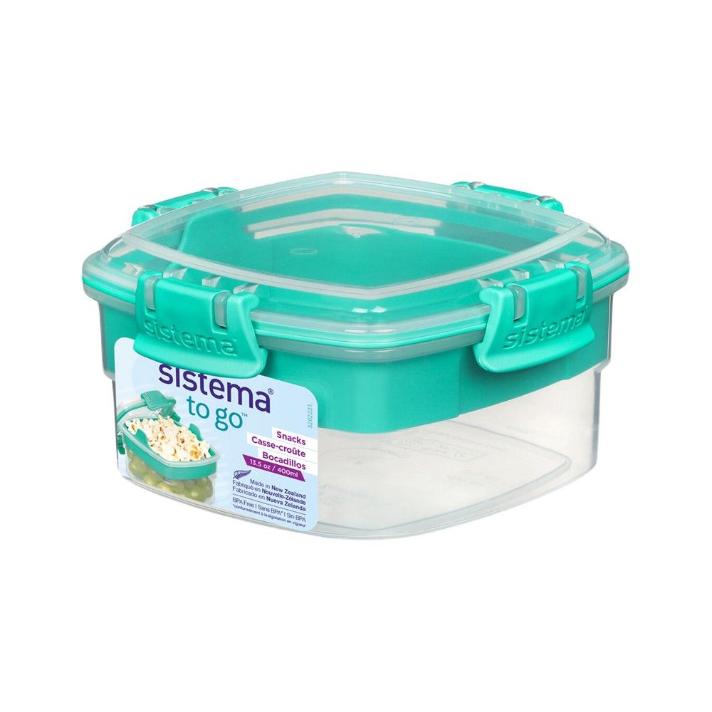 Sistema Snack To Go 400M, stackable food storage container with removable tray and easy locking clips. Is Microwave, dishwasher safe & BPA Free, Green Clip