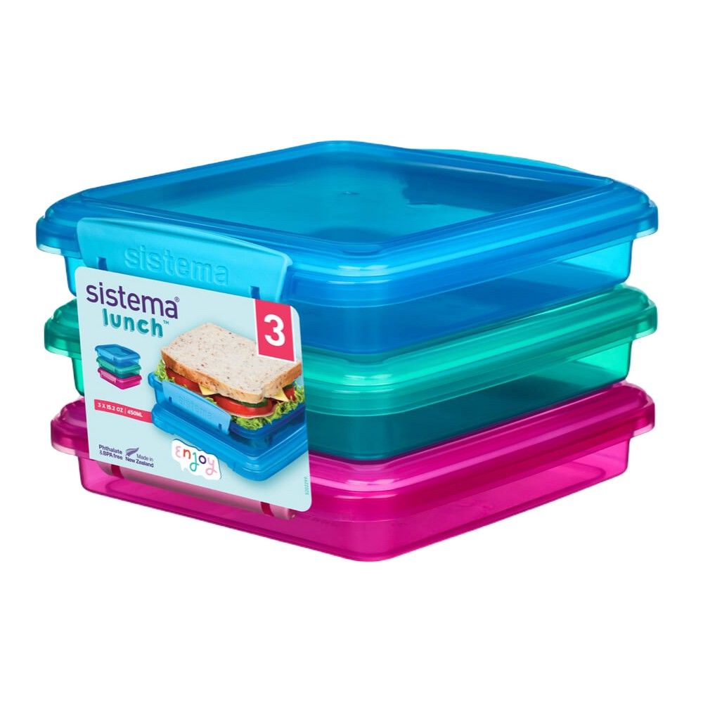 Sistema Lunch Boxes Coloured  3 Pack : Perfect for Sandwiches & On the Go Meals  450ml  BPA Free & Leakproof