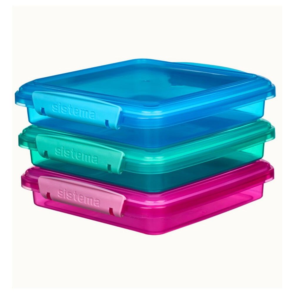 Sistema Lunch Boxes Coloured  3 Pack : Perfect for Sandwiches & On the Go Meals  450ml  BPA Free & Leakproof