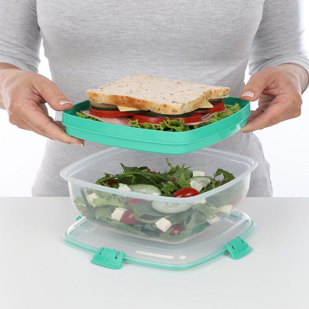 Sistema Salad plus Sandwich 1.63L ,Stackable & portable salad storage box, divided trays with easy locking clips. Its Microwave, Dishwasher Safe & BPA Free. Green Clip